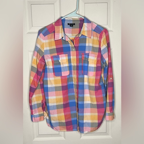 I Heart Ronson Multicolor 100% Cotton Plaid Button Down Shirt, sleeve tabs - Picture 1 of 6